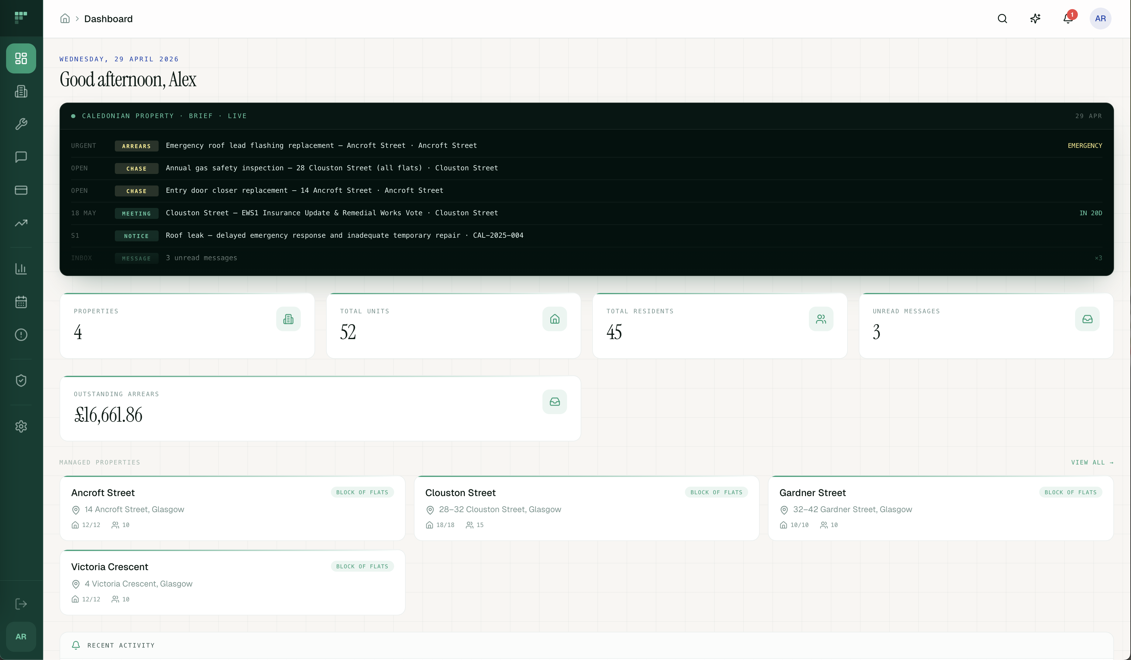 Factorly PM dashboard — morning digest, arrears summary, and live activity feed