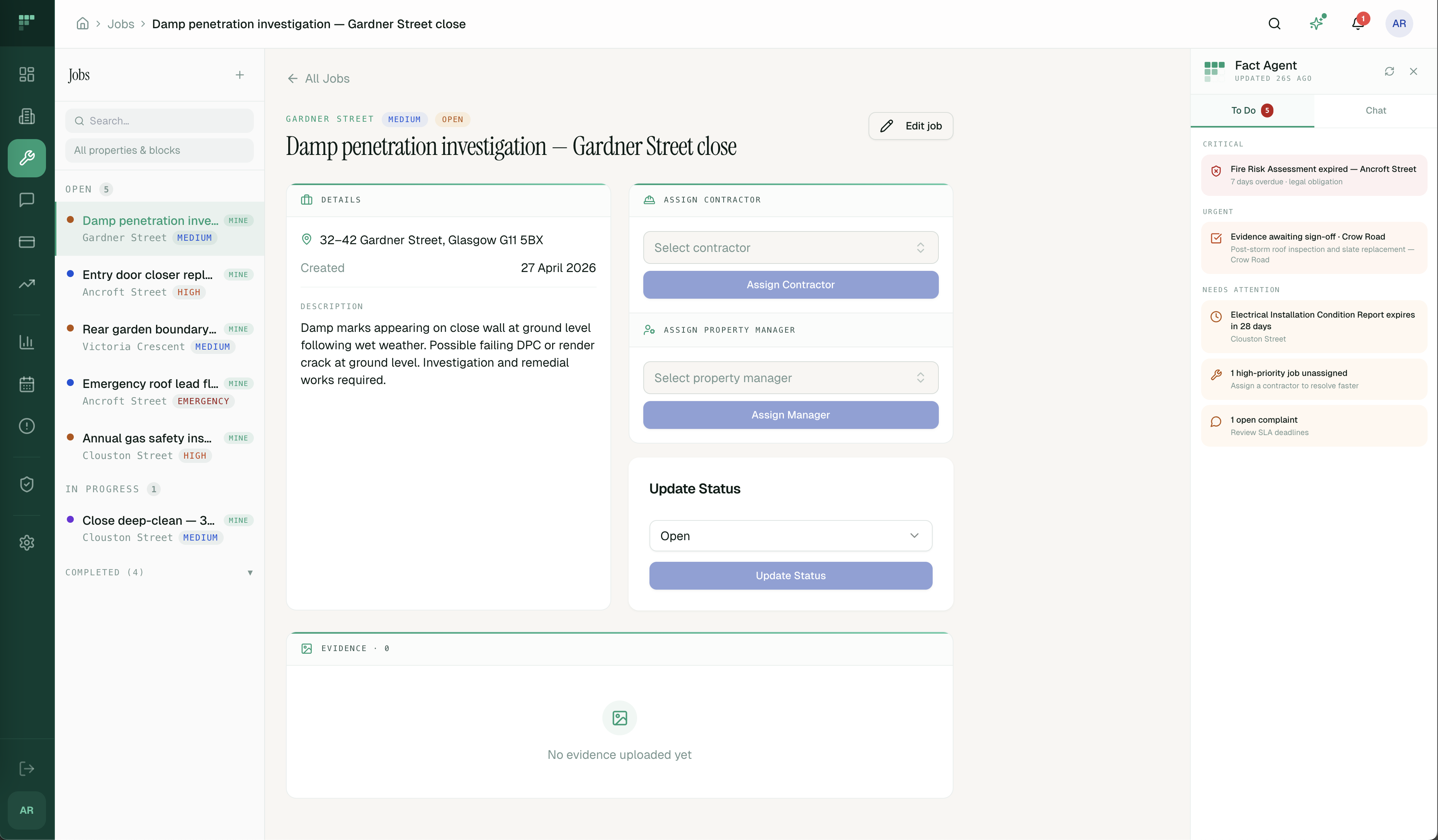 Factorly maintenance job detail — contractor assigned, cost, evidence and status workflow