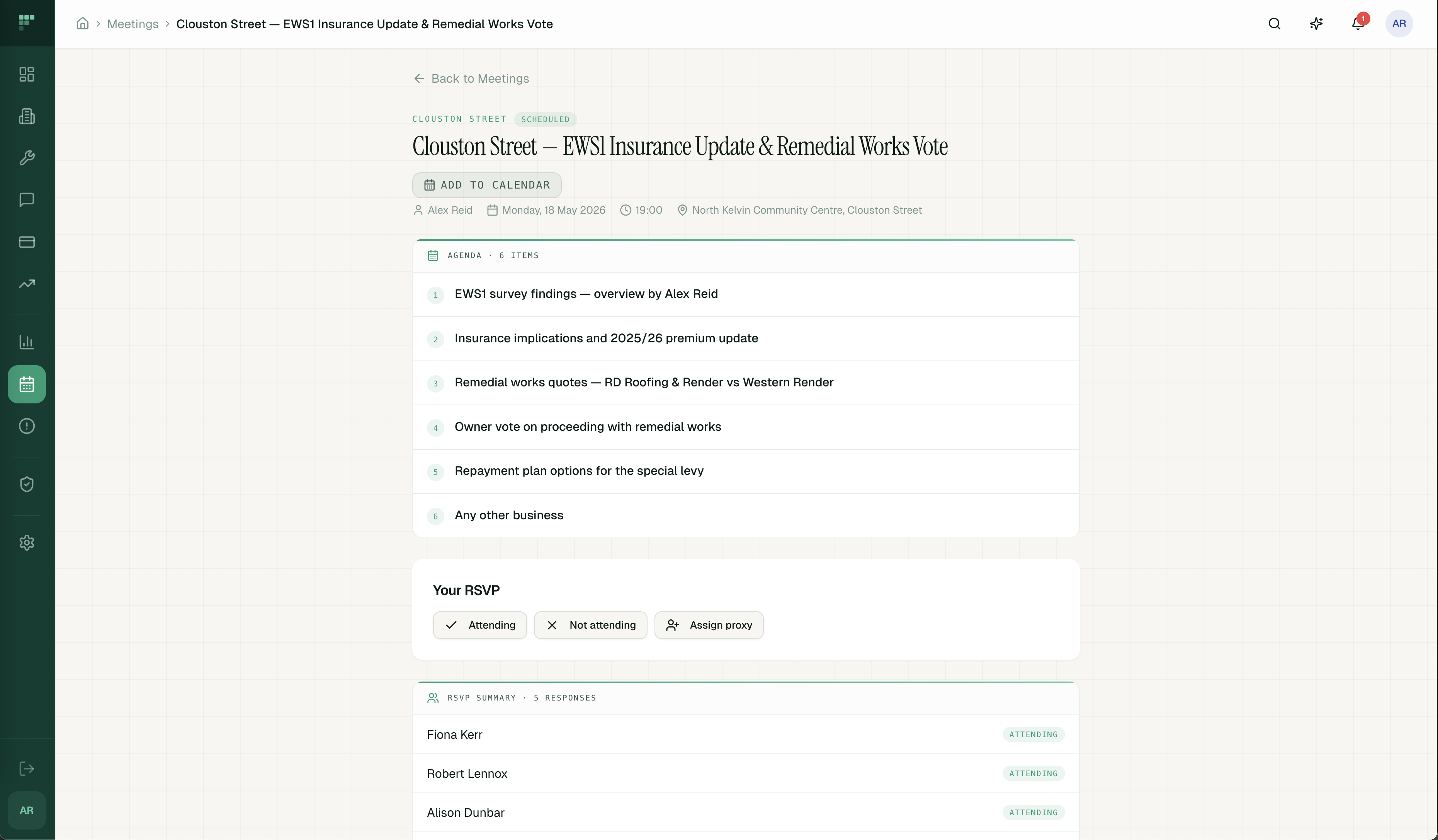 Factorly AGM detail — agenda, quorum tracker, vote tally and published minutes