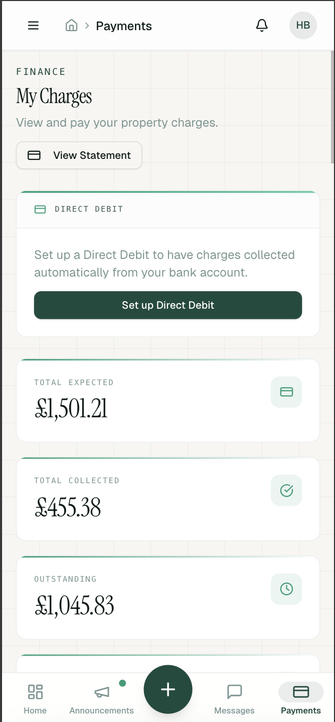 Resident charges view — outstanding and paid service charges with apportionment breakdown