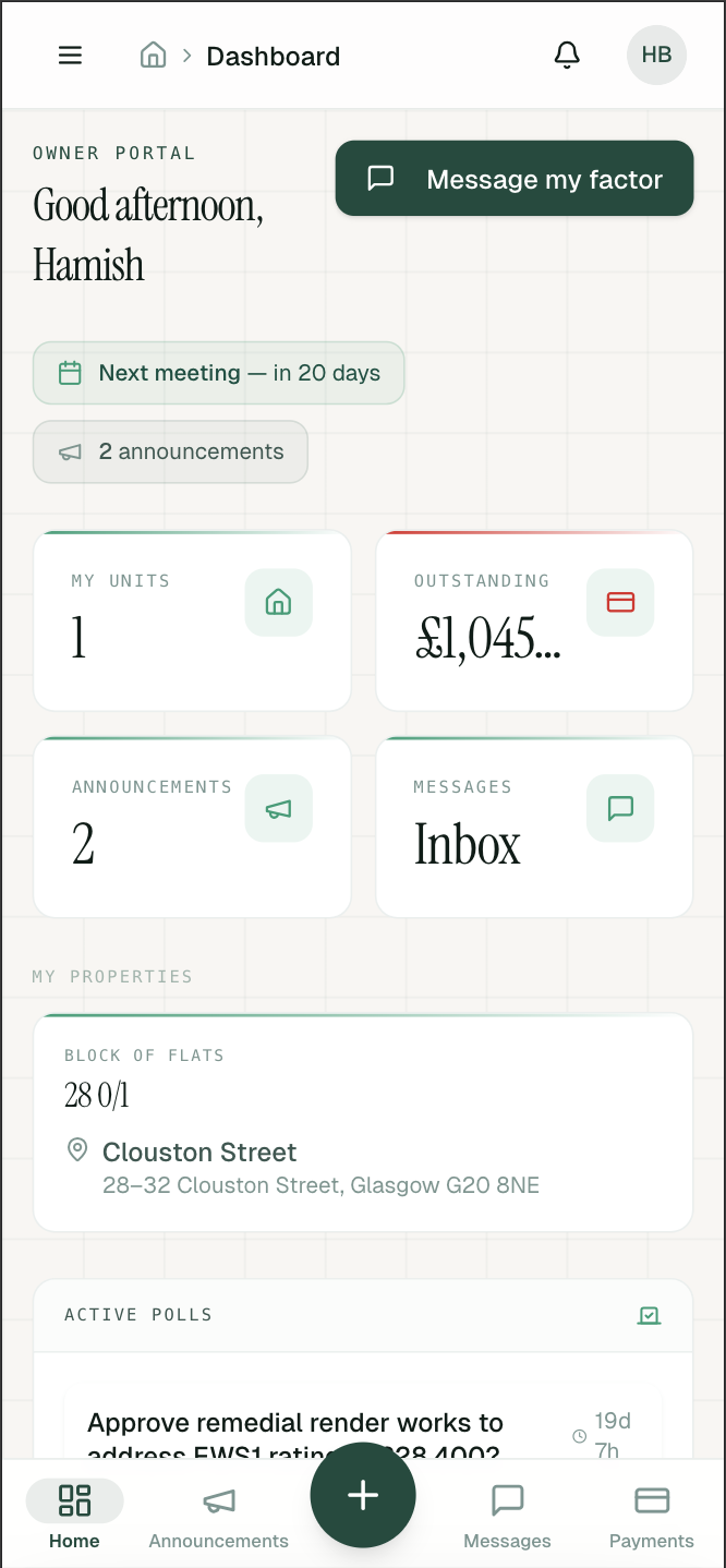 Resident portal home — balance, Pay now button, activity feed and bottom nav