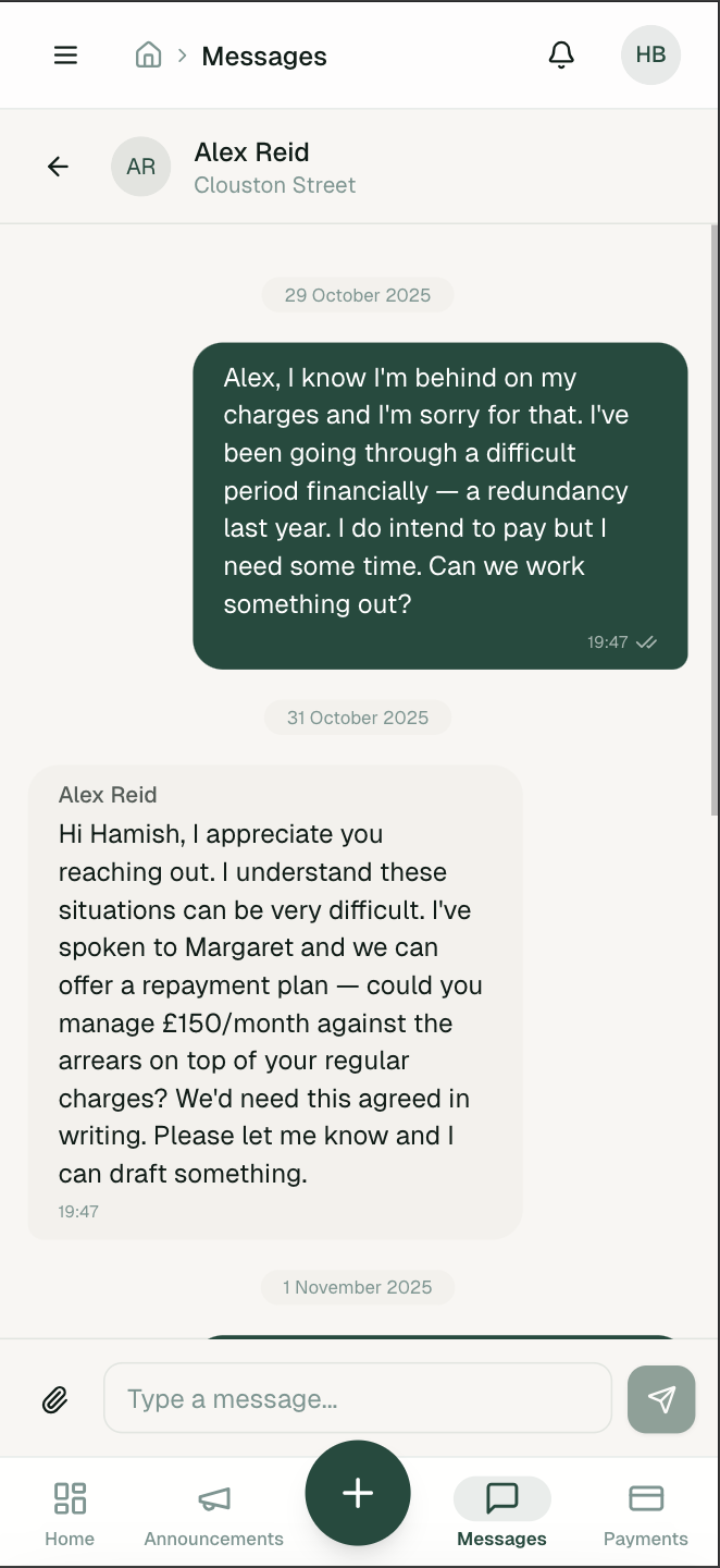 Resident messaging thread — conversation with property manager, timestamps and message input